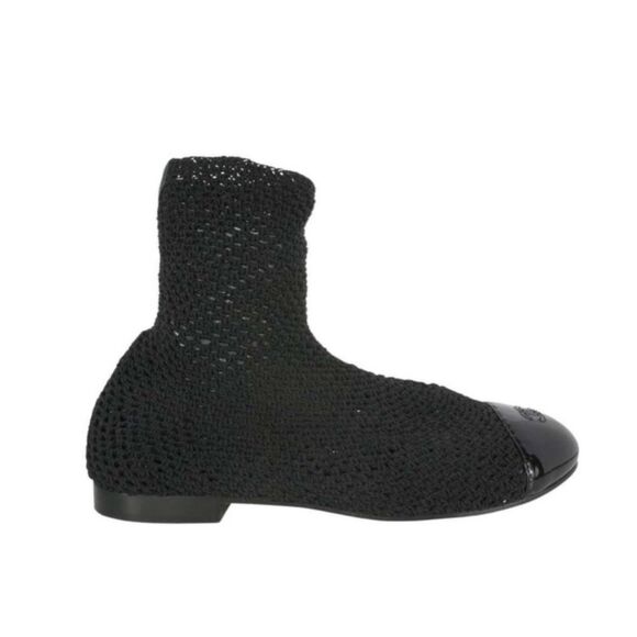 Rare CHANEL Crochet Patent Leather Cap Toe Sock Booties, Black, Size 35 - Picture 4 of 11